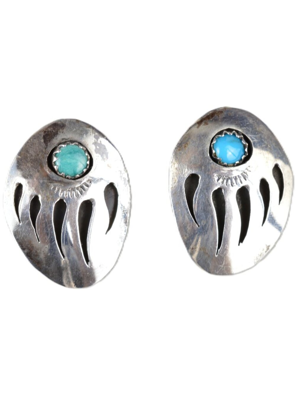 VTG Navajo Sterling Silver Turquoise Bear Paw Shadowbox Clip On Earrings 4.3g